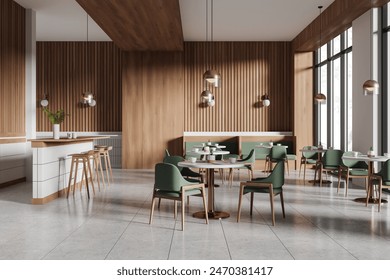 Wooden restaurant interior with bar island and stool in row, eating open space with dinner tables and sofa. Elegant cafe meeting zone and panoramic window. 3D rendering - Powered by Shutterstock