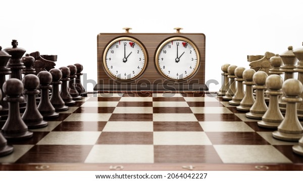 Wooden retro chess clock and chess board\
isolated on white background. 3D\
illustration.