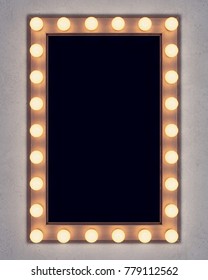 Wooden retro make-up mirror on concrete wall. 3D rendering