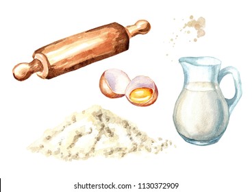 Wooden rolling pin, broken egg, pile of flour and  jug of milk.. Cookig set. Watercolor hand drawn illustration, isolated on white background - Powered by Shutterstock