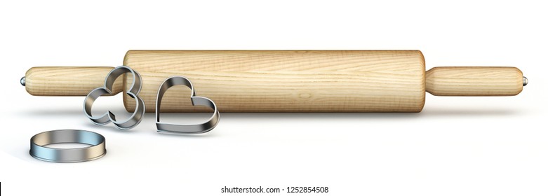 Wooden rolling pin and cookie cutter 3D rendering illustration isolated on white background