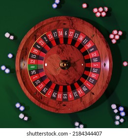 Wooden Roulette Green Game Table. Chips. Roulette Wheel. Top View. 3D Render