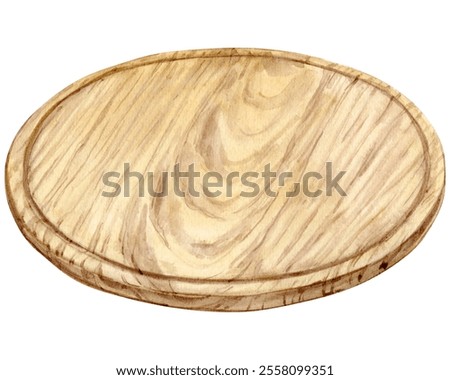 Wooden round serving board. Rustic style dish for cutting food. Hand drawn watercolor illustration isolated on background.