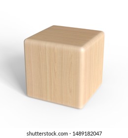 Wooden Rounded Cube. Geometric Shape. Isolated On White Background. 3d Render