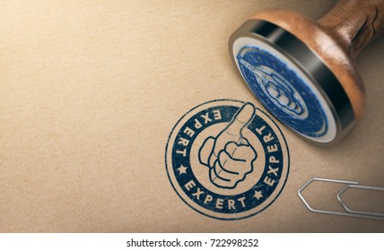 Wooden Rubber Stamp over brown cardboard background with the text expert printed in blue color. Concept of professional advice and industrial expertise. 3D illustration - Powered by Shutterstock