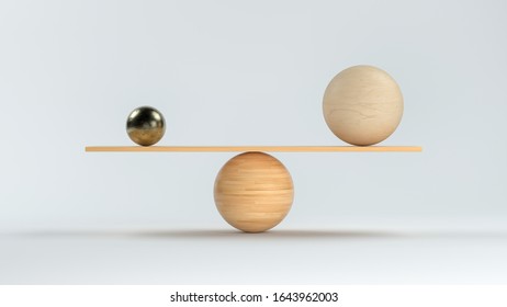 wooden scale balancing a big wooden and a small metal ball in front white background - 3D rendered illustration