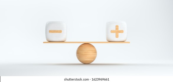 wooden scale balancing cubes with plus and minus symbols in front of white background - 3D rendered illustration