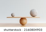 Wooden scale balancing with one big ball and one small ball. Harmony and balance concept. 3D illustration rendering