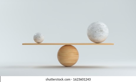 wooden scale balancing one big ball and one small ball in front white background - 3D rendered illustration