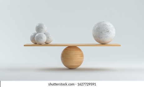 Wooden Scale Balancing One Big Ball And Four Small Ones - 3D Rendered Illustration