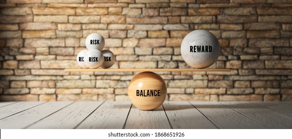 Wooden Scale Balancing One Big Ball And Four Small Ones With Message RISK, REWARD And BALANCE In Front Of A Brick Wall - 3d Illustration