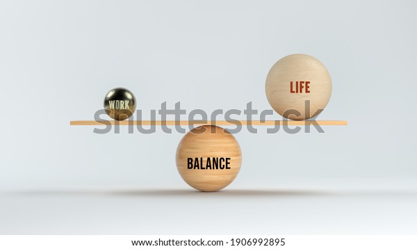 wooden scale balancing\
spheres with text WORK, LIFE and BALANCE on white background - 3d\
illustration