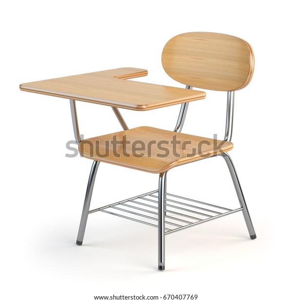 白い背景に木造の学校の机と椅子 3dイラスト のイラスト素材