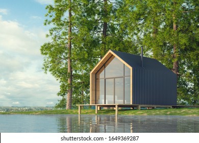 Wooden secluded house in Scandinavian modern style with large Windows overlooking the lake, fireplace at sunset against a background of coniferous green forest and blue sky. 3D illustration