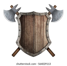 wooden shield and two crossed axes isolated on white