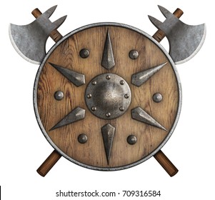 wooden shield and two crossed axes isolated on white 3d illustration