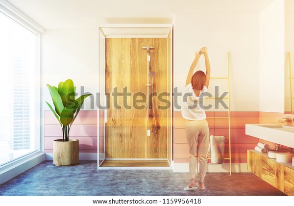 Wooden Shower Glass Door Standing White Stock Illustration 1159956418