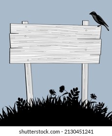A wooden sign board with a bird sitting on it, mounted on a hill overgrown with grass. Vintage color engraving stylized drawing.