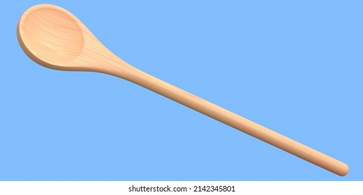 Wooden solid spoon kitchen utensils on blue background. 3d render of home kitchen tools and accessories for cooking