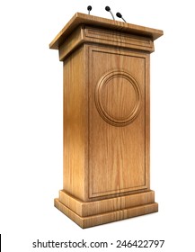 A Wooden Speech Podium With Three Small Microphones Attached On An Isolated White Studio Background