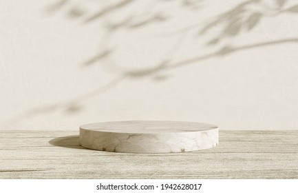 Wooden And Stone Product Display Podium With Shadow Nature Leaves On Brown Background. 3D Rendering