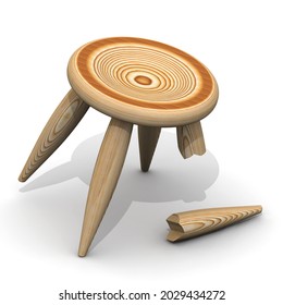 Wooden stool with a broken leg on a white surface. 3D illustration