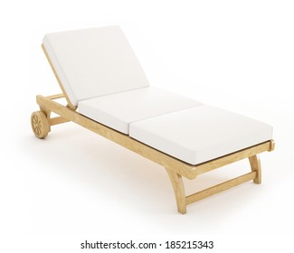 Wooden Sunbed With Pillows Isolated On White Background