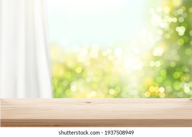 Wooden surface in front of blurry window and curtain in 3d illustration. Stage background for natural product display.