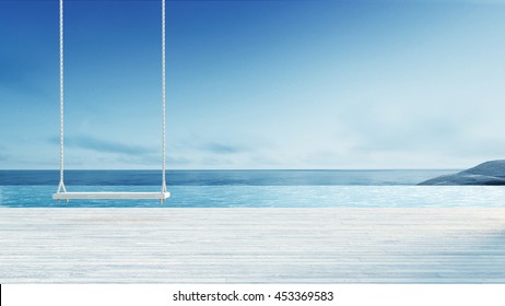 Wooden Swing & Hang Chair - Beach Lounge Sea View From Balcony / 3D Render Image