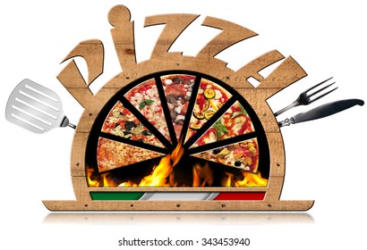 Wooden Symbol of Italian Pizza with Flames / Wooden symbol with pizza slices, flames, text Pizza, silver cutlery, steel spatula and Italian flag. Isolated on white background - Powered by Shutterstock