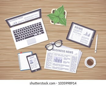 Wooden Table With Daily News On Newspaper, Tablet, Laptop And Phone. Headlines, Photos, Articles On The Screens. Many Ways To Get Latest News. Raster Version, Top View.