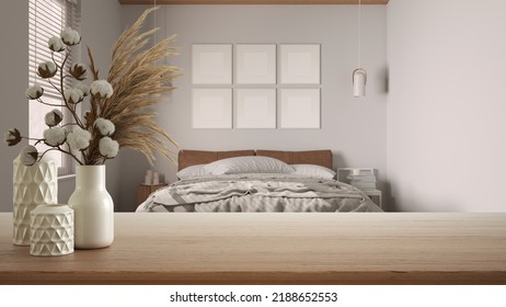 Wooden Table, Desk Or Shelf Close Up With Ceramic Vases With Cotton Flowers Over Minimalist Bedroom With Frame Mockup, Boho Style Interior Design Concept, 3d Illustration