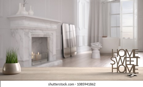 Wooden table, desk or shelf with potted grass plant, house keys and 3D letters making the words home sweet home, over minimalist bathroom, interior design, blur background, 3d illustration