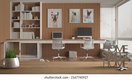 Wooden Table, Desk Or Shelf With Potted Grass Plant, House Keys And 3D Letters Home Sweet Home, Pet Friendly Home Corner Office, With Desk And Dog Bed, Architecture Interior Design, 3d Illustration