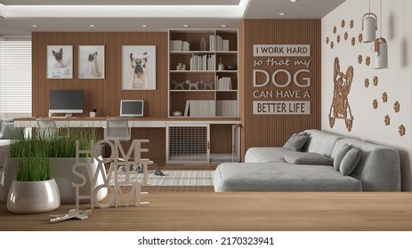 Wooden Table, Desk Or Shelf With Potted Grass Plant, House Keys And 3D Letters Home Sweet Home, Pet Friendly Home Corner Office, With Desk And Dog Bed, Architecture Interior Design, 3d Illustration