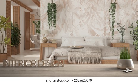 Wooden Table, Desk Or Shelf With Potted Grass Plant, House Keys And 3D Letters Making The Words Interior Design, Over Bohemian Bedroom In Boho Style, Project Concept Copy Space, 3d Illustration