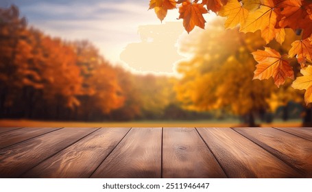 wooden table in front of a colorful autumn landscape, beautiful autumn background concept with fall leaves and advertising space

