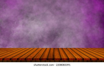 Wooden Table On A Dark Purple And Smoke Background To Simulate Your Product.
