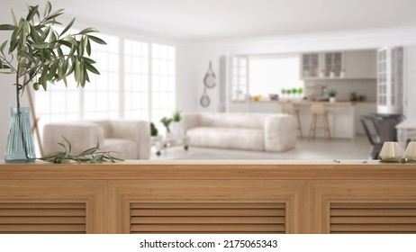 Wooden Table Top, Cabinet, Panel Or Shelf With Shutters Close Up. Olive Branch In Vase And Candles. Blurred Background With White Scandinavian Kitchen And Living Room, Interior Design, 3d Illustration
