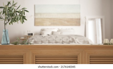 Wooden Table Top, Cabinet, Panel Or Shelf With Shutters Close Up. Olive Branch In Vase And Candles. Blurred Background With Scandinavian Bedroom With Master Bed, Interior Design, 3d Illustration