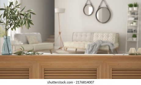 Wooden Table Top, Cabinet, Panel Or Shelf With Shutters Close Up. Olive Branch In Vase And Candles. Blurred Background With White Living Room With Sofa And Armchairs, Interior Design, 3d Illustration