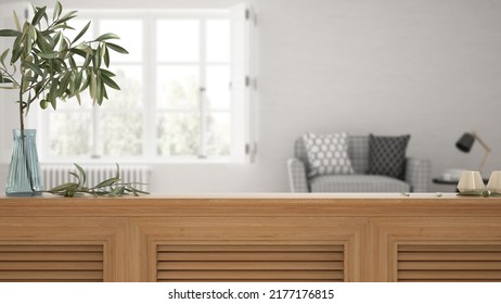Wooden Table Top, Cabinet, Panel Or Shelf With Shutters Close Up. Olive Branch In Vase And Candles. Blurred Background With White Living Room With Armchair And Window, Interior Design, 3d Illustration