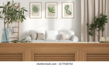Wooden Table Top, Cabinet, Panel Or Shelf With Shutters Close Up. Olive Branch In Vase And Candles. Blurred Background With White Living Room With Sofa And Decors, Interior Design, 3d Illustration