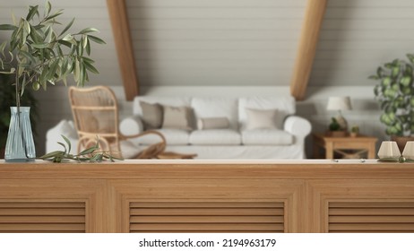 Wooden Table Top, Cabinet, Panel Or Shelf With Shutters Close Up. Olive Branch In Vase And Candles. Blurred Background With Bohemian Wooden Living Room In Boho Style, Interior Design, 3d Illustration