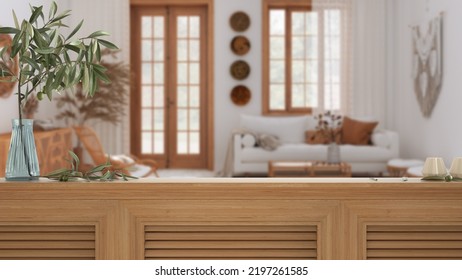 Wooden Table Top, Cabinet, Panel Or Shelf With Shutters Close Up. Olive Branch In Vase And Candles. Blurred Background With Boho Living Room With Rattan Furniture, Interior Design, 3d Illustration