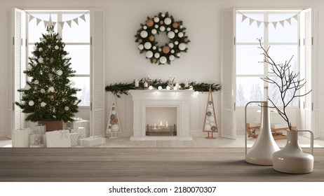 Wooden Table Top Or Shelf With Minimalistic Modern Vases Over Christmas Living Room With Tree And Fireplace, Panoramic Windows On Winter Landscape, White Minimal Interior Design, 3d Illustration