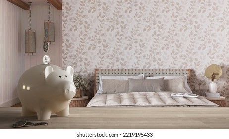 Wooden Table Top Or Shelf With White Piggy Bank With Coins, Farmhouse Bedroom With Wallpaper, Expensive Home Interior Design, Renovation Restructuring Concept Architecture, 3d Illustration