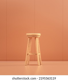 Wooden Tall Stool In Single Color Interior Room, 3d Rendering, No People