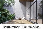 Wooden terrace between glass wall and green garden 3d render,decorate with tropical style tree,sunlight on the wall