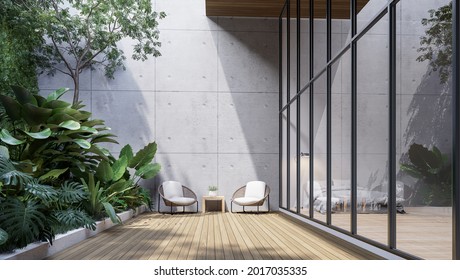 Wooden terrace between glass wall and green garden 3d render,decorate with tropical style tree,sunlight on the wall